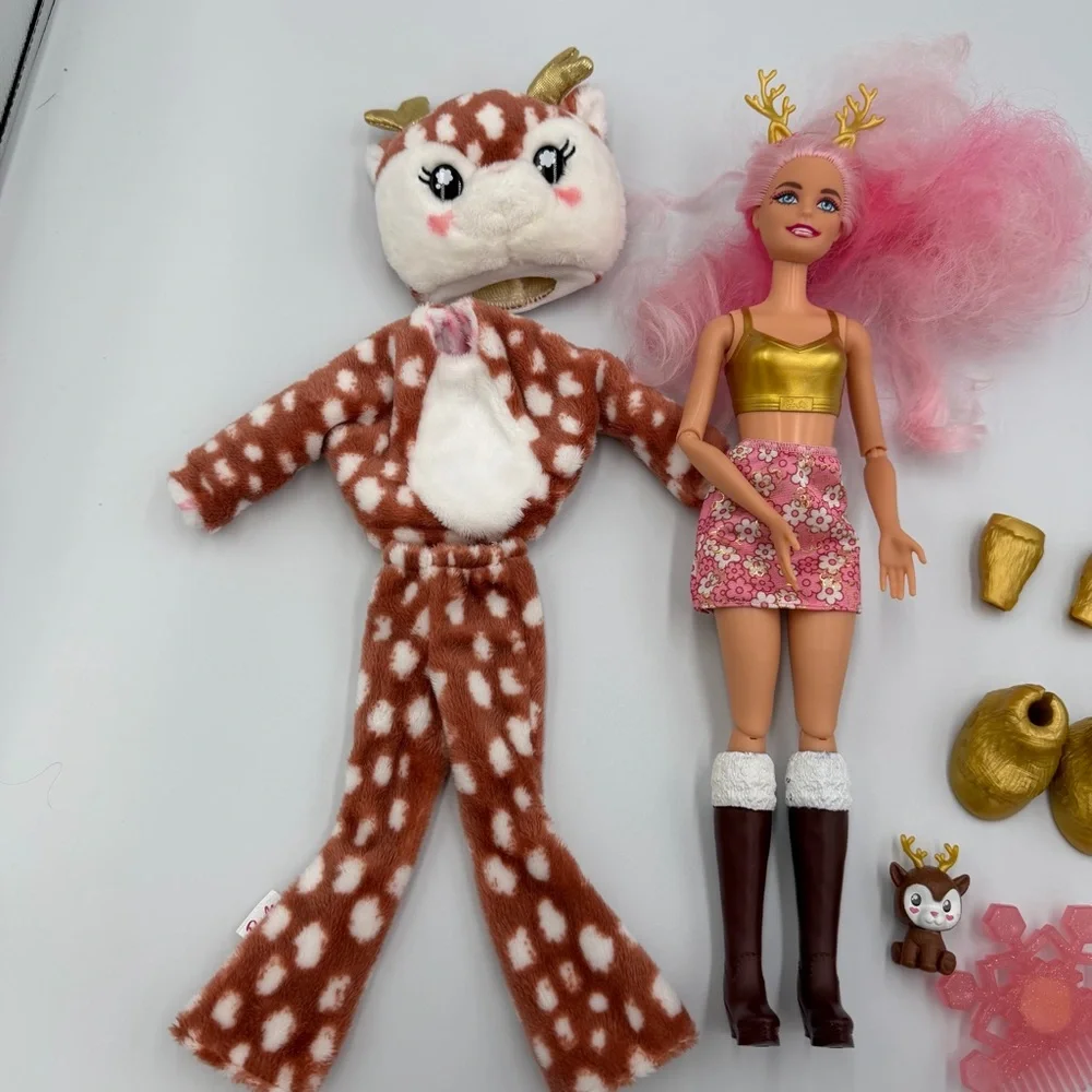 Barbie Cutie Reveal Snowflake Sparkle Series Doll with a deer plush costume